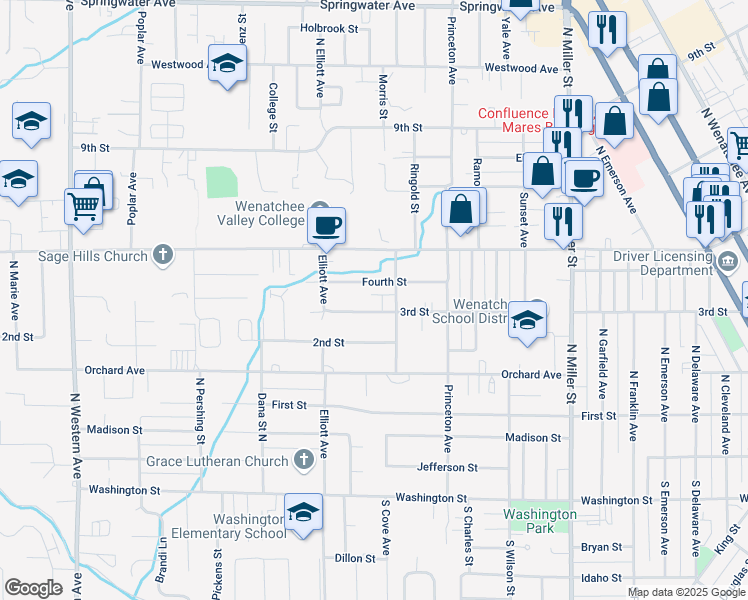 map of restaurants, bars, coffee shops, grocery stores, and more near 1312 3rd Street in Wenatchee