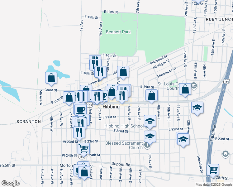 map of restaurants, bars, coffee shops, grocery stores, and more near 1921 5th Avenue East in Hibbing