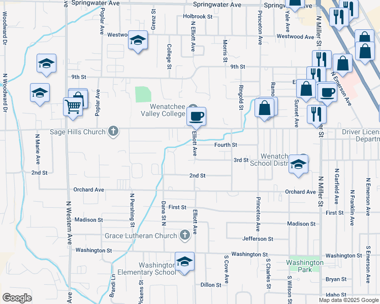 map of restaurants, bars, coffee shops, grocery stores, and more near 320 North Elliott Avenue in Wenatchee