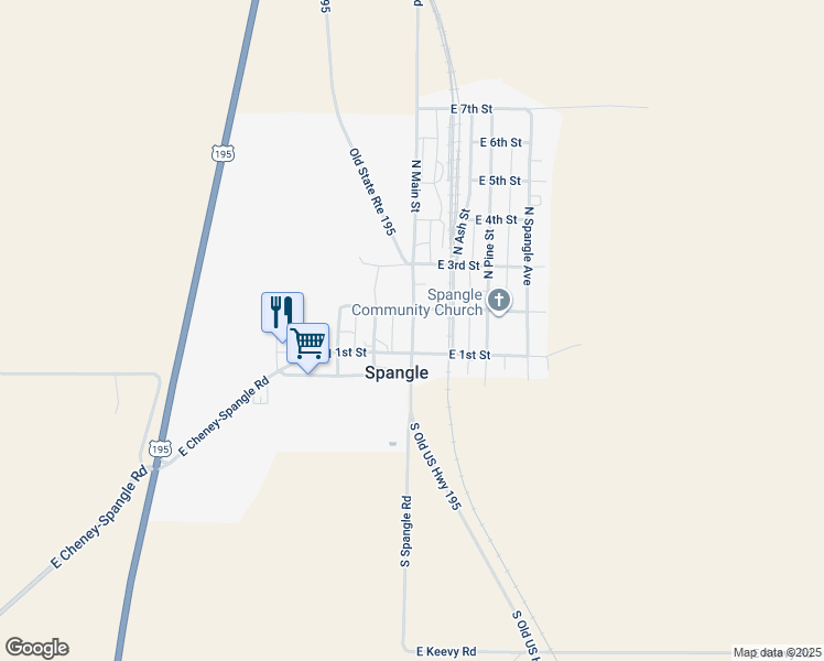 map of restaurants, bars, coffee shops, grocery stores, and more near 135 North Main Street in Spangle
