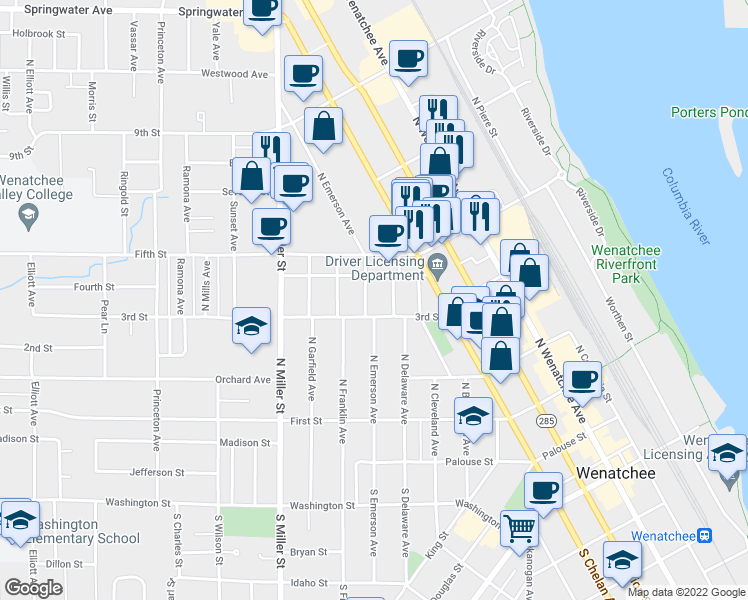 map of restaurants, bars, coffee shops, grocery stores, and more near 312 North Emerson Avenue in Wenatchee