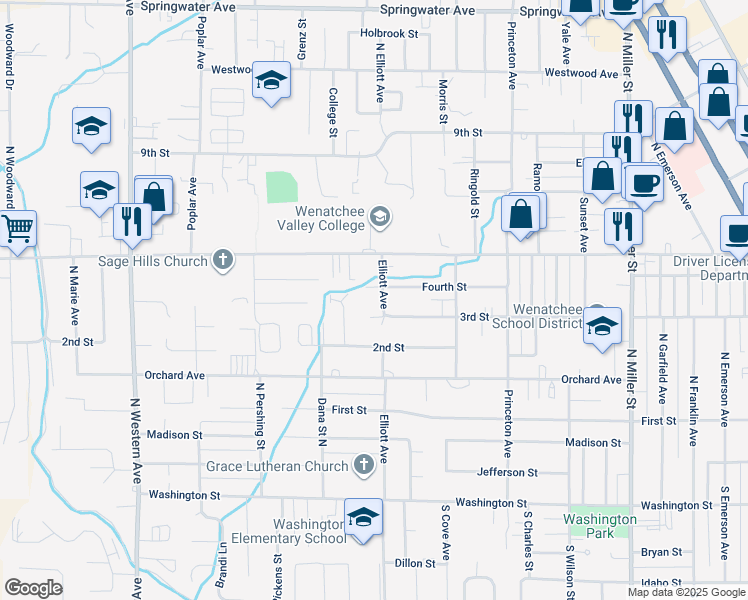 map of restaurants, bars, coffee shops, grocery stores, and more near 320 North Elliott Avenue in Wenatchee