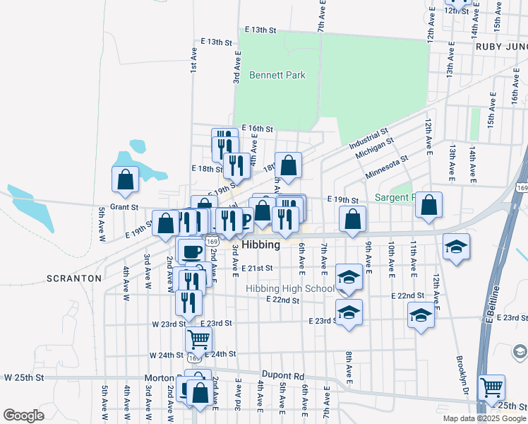 map of restaurants, bars, coffee shops, grocery stores, and more near 1921 5th Avenue East in Hibbing