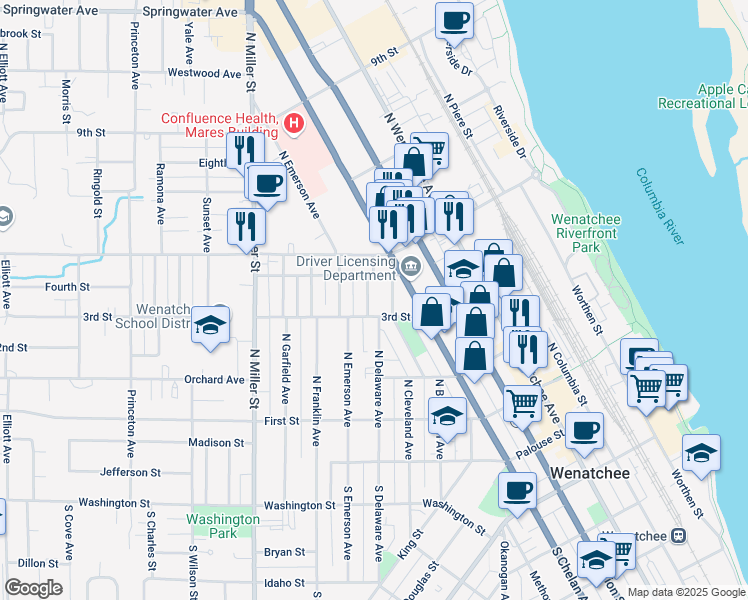 map of restaurants, bars, coffee shops, grocery stores, and more near 309 N Delaware Ave in Wenatchee
