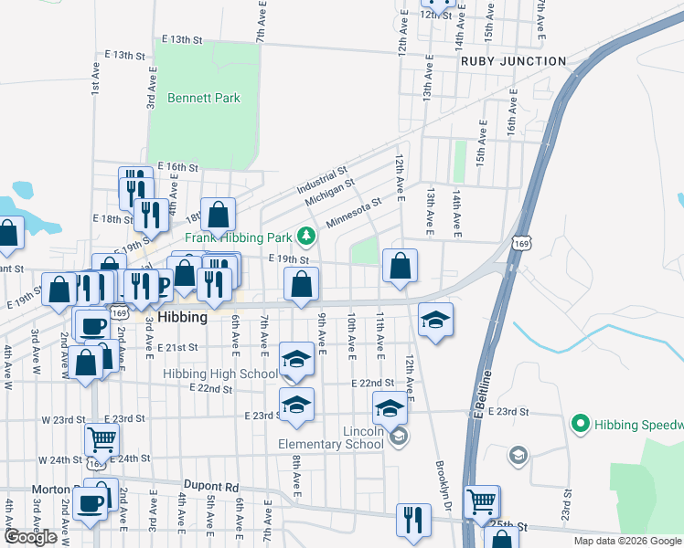 map of restaurants, bars, coffee shops, grocery stores, and more near 1924 10th Avenue East in Hibbing