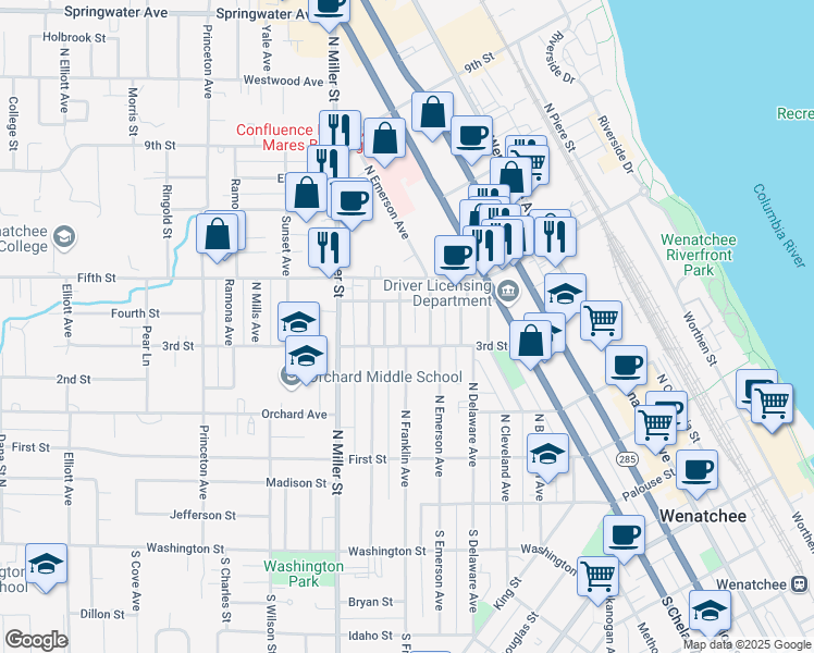 map of restaurants, bars, coffee shops, grocery stores, and more near 309 North Franklin Avenue in Wenatchee