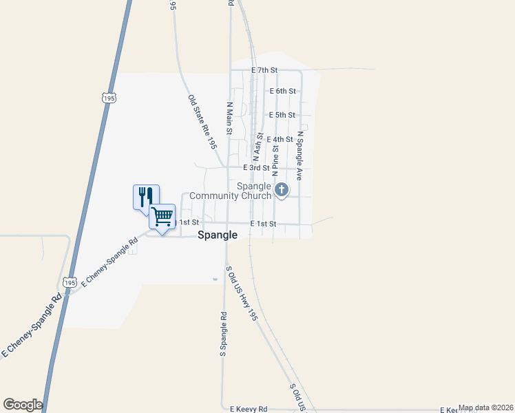map of restaurants, bars, coffee shops, grocery stores, and more near 140 North Ash Street in Spangle
