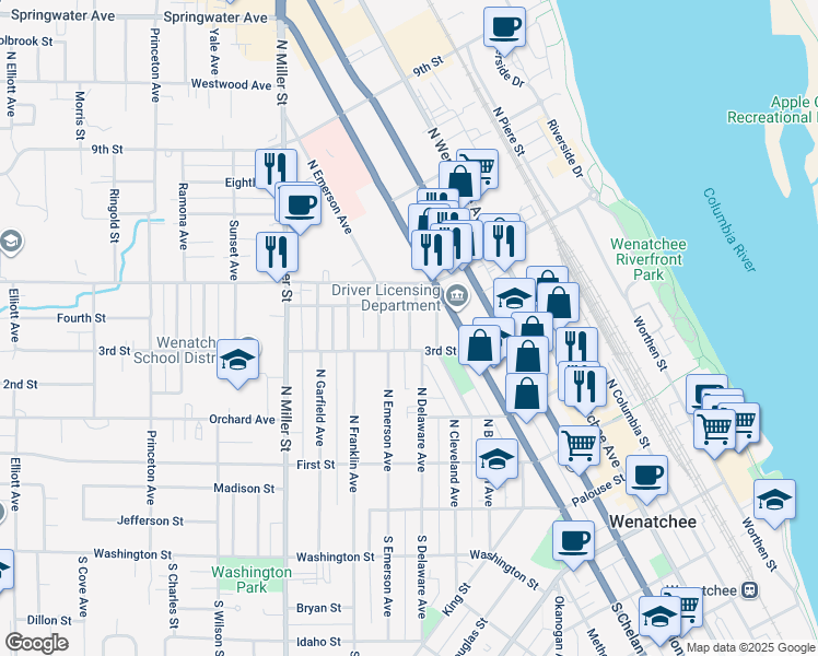 map of restaurants, bars, coffee shops, grocery stores, and more near 309 North Delaware Avenue in Wenatchee