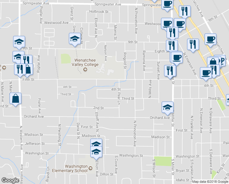 map of restaurants, bars, coffee shops, grocery stores, and more near 1312 3rd Street in Wenatchee