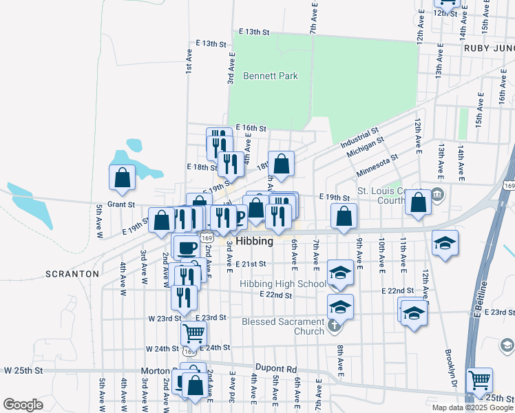 map of restaurants, bars, coffee shops, grocery stores, and more near 1921 5th Avenue East in Hibbing