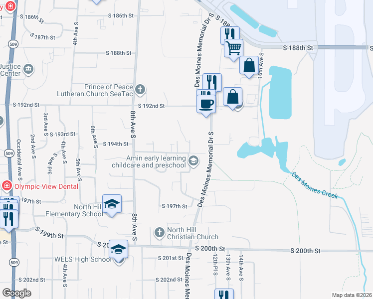 map of restaurants, bars, coffee shops, grocery stores, and more near 19279 11th Place South in SeaTac