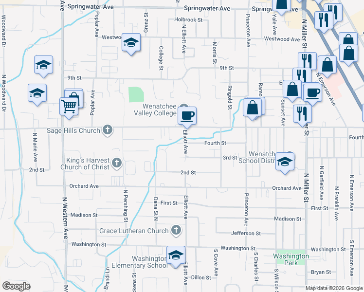 map of restaurants, bars, coffee shops, grocery stores, and more near 320 North Elliott Avenue in Wenatchee