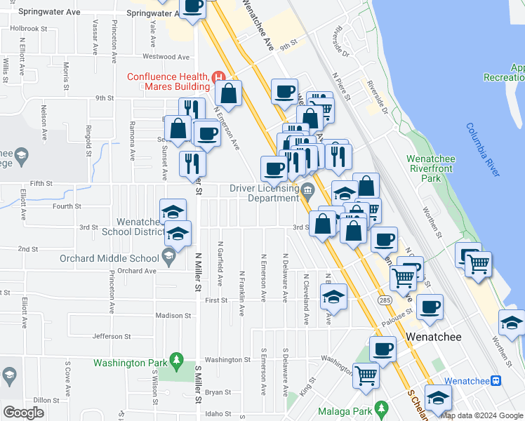 map of restaurants, bars, coffee shops, grocery stores, and more near 311 North Emerson Avenue in Wenatchee