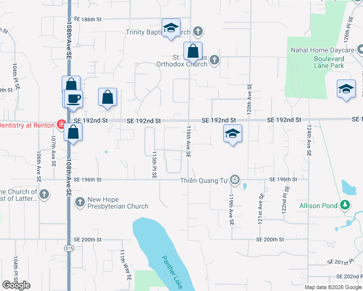 map of restaurants, bars, coffee shops, grocery stores, and more near 18515 115th Place Southeast in Renton