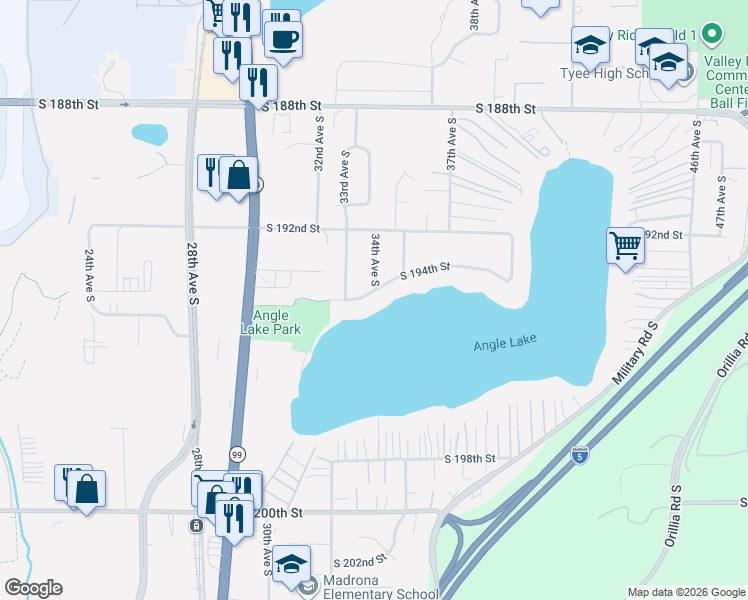 map of restaurants, bars, coffee shops, grocery stores, and more near 3313 South 194th Street in SeaTac