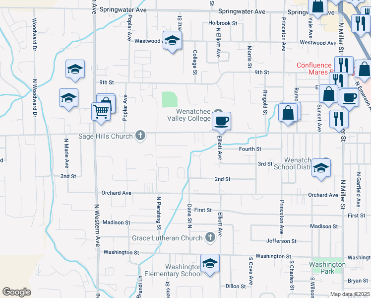 map of restaurants, bars, coffee shops, grocery stores, and more near 1514 3rd Street in Wenatchee