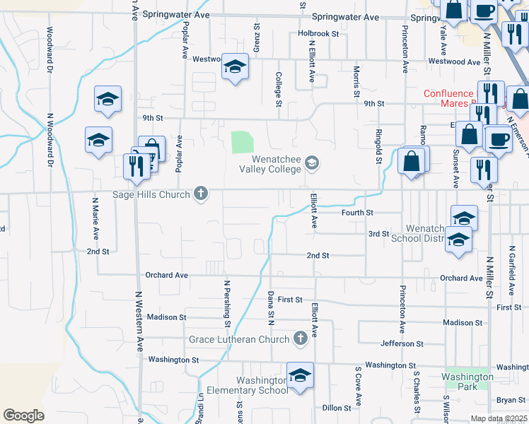 map of restaurants, bars, coffee shops, grocery stores, and more near 1514 3rd Street in Wenatchee