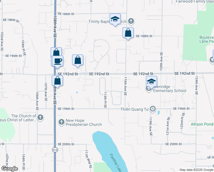 map of restaurants, bars, coffee shops, grocery stores, and more near 11413 Southeast 194th Street in Kent