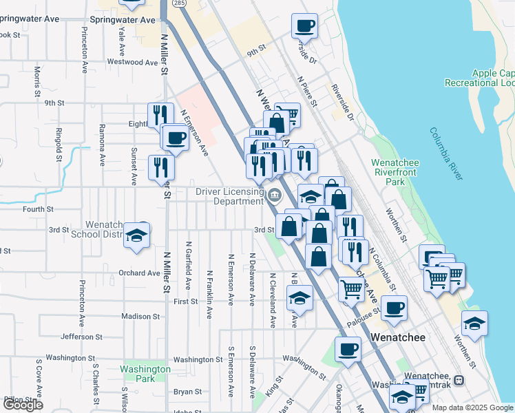 map of restaurants, bars, coffee shops, grocery stores, and more near 309 North Delaware Avenue in Wenatchee