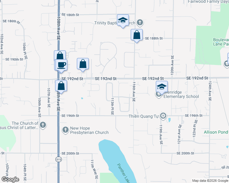 map of restaurants, bars, coffee shops, grocery stores, and more near 11413 Southeast 194th Street in Kent
