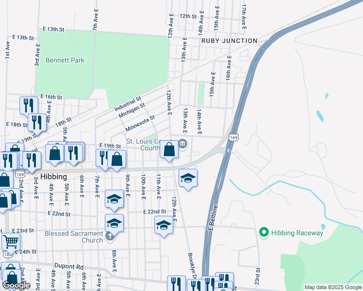 map of restaurants, bars, coffee shops, grocery stores, and more near 1810 12th Avenue East in Hibbing