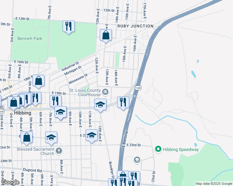 map of restaurants, bars, coffee shops, grocery stores, and more near 1814 14th Avenue East in Hibbing