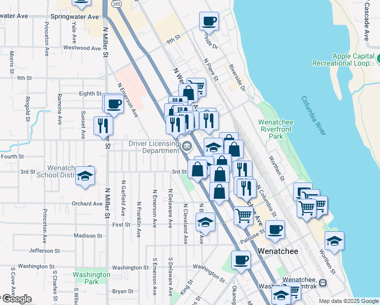 map of restaurants, bars, coffee shops, grocery stores, and more near 304 North Chelan Avenue in Wenatchee