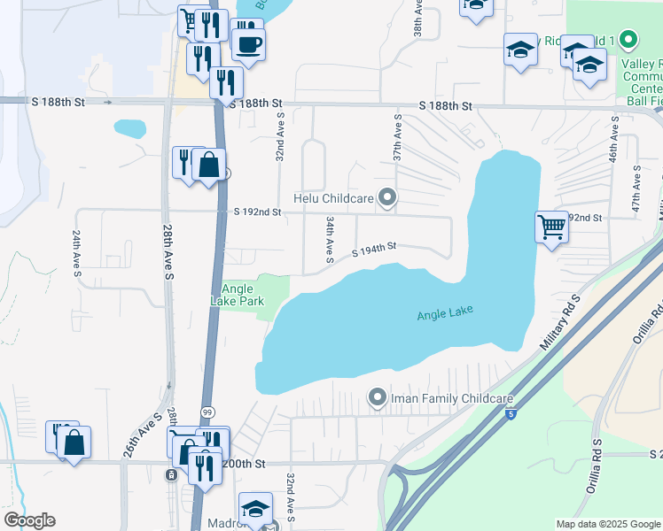 map of restaurants, bars, coffee shops, grocery stores, and more near South 194th Street in Seattle