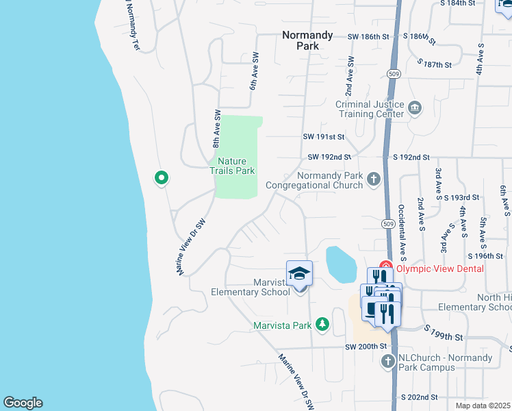 map of restaurants, bars, coffee shops, grocery stores, and more near 19446 Normandy Park Drive Southwest in Normandy Park