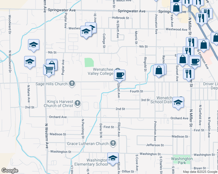 map of restaurants, bars, coffee shops, grocery stores, and more near 1421 Fifth Street in Wenatchee