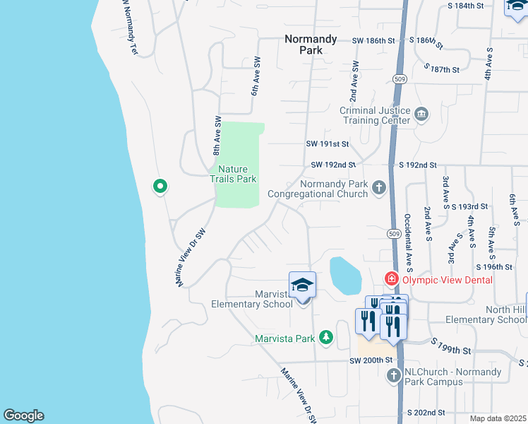 map of restaurants, bars, coffee shops, grocery stores, and more near in Normandy Park