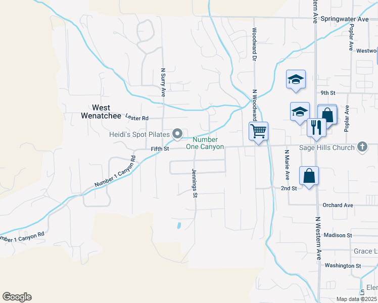 map of restaurants, bars, coffee shops, grocery stores, and more near 2228 Ashley Brooke in Wenatchee