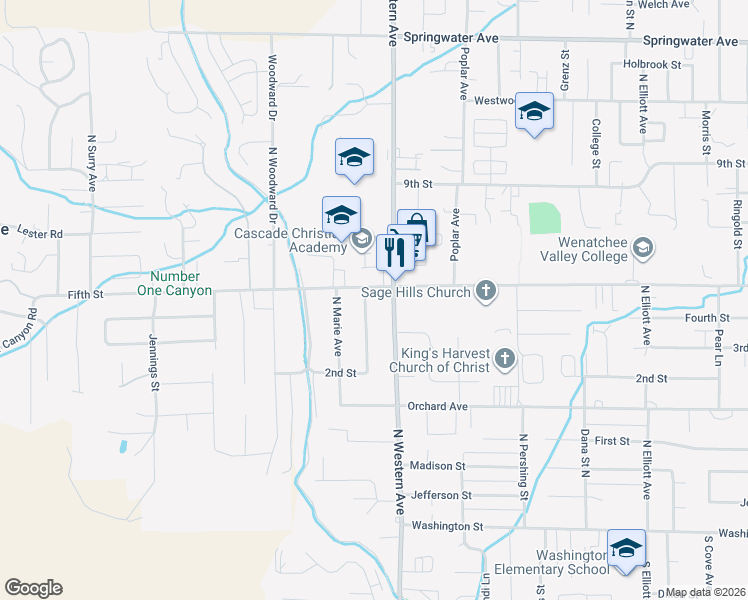 map of restaurants, bars, coffee shops, grocery stores, and more near in Wenatchee