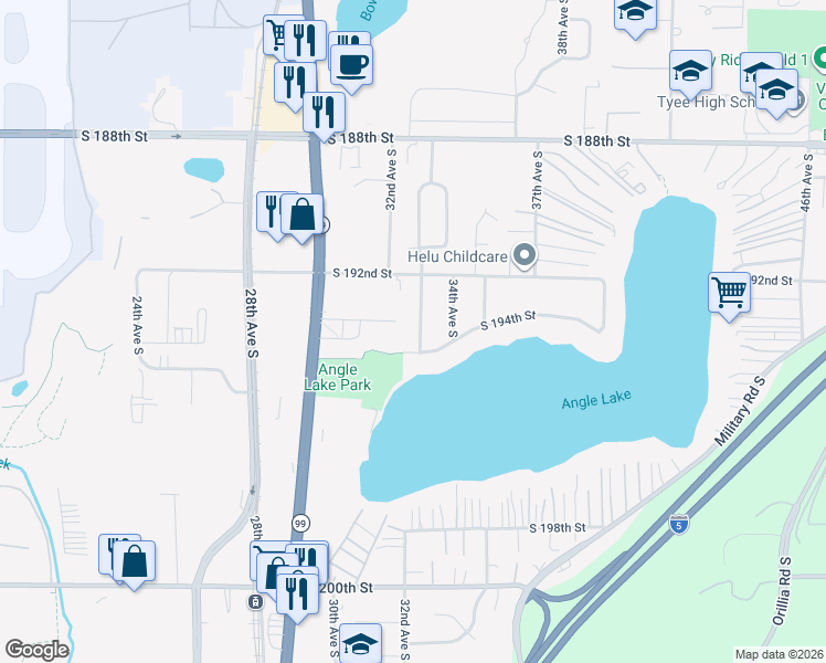 map of restaurants, bars, coffee shops, grocery stores, and more near 19253 33rd Avenue South in SeaTac