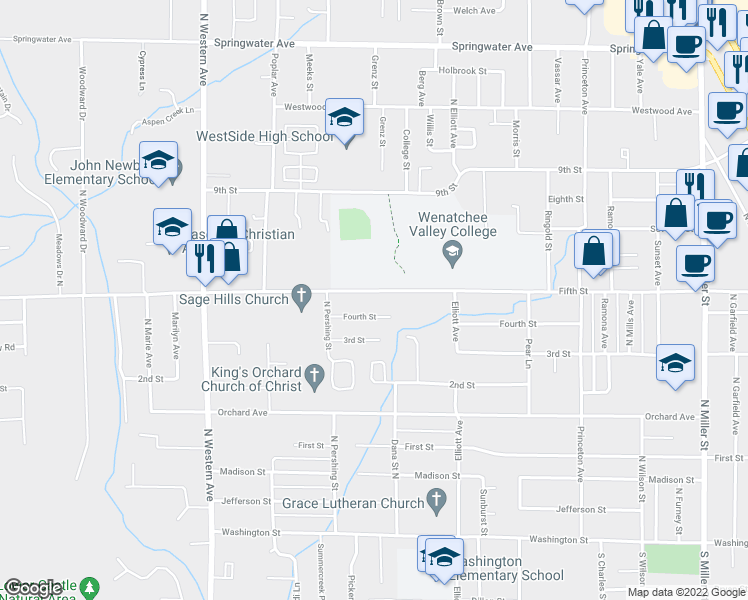 map of restaurants, bars, coffee shops, grocery stores, and more near 1507 Fifth Street in Wenatchee