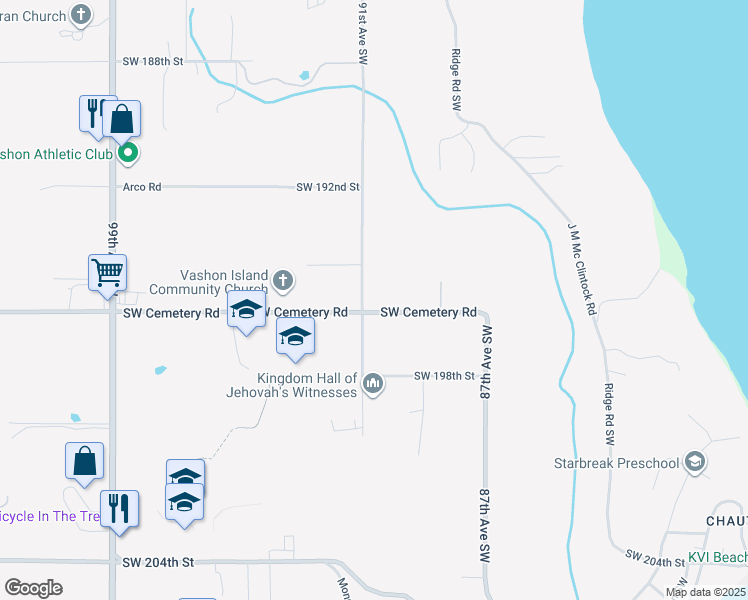 map of restaurants, bars, coffee shops, grocery stores, and more near 19514 Beall Road Southwest in Vashon