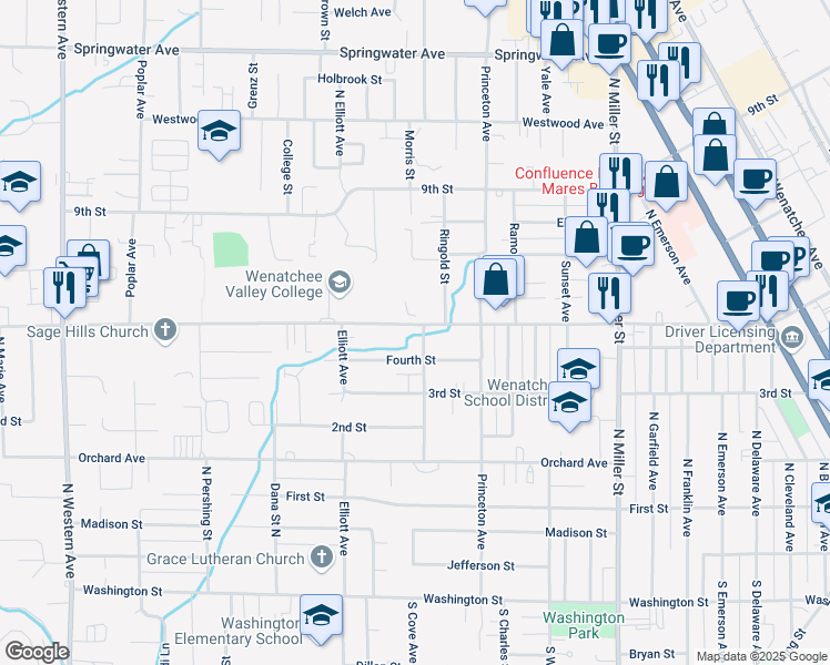 map of restaurants, bars, coffee shops, grocery stores, and more near 1315 Fifth Street in Wenatchee