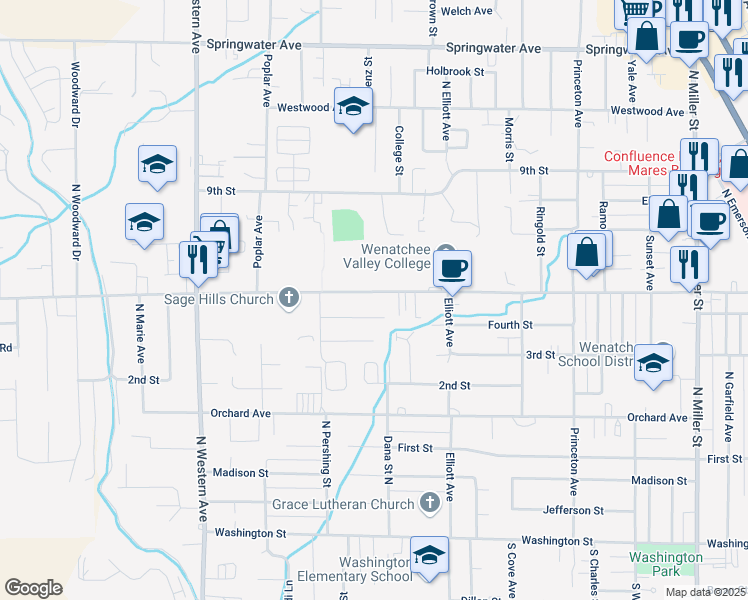 map of restaurants, bars, coffee shops, grocery stores, and more near 1507 Fifth Street in Wenatchee