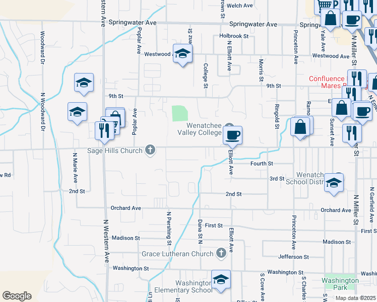 map of restaurants, bars, coffee shops, grocery stores, and more near 1507 Fifth Street in Wenatchee