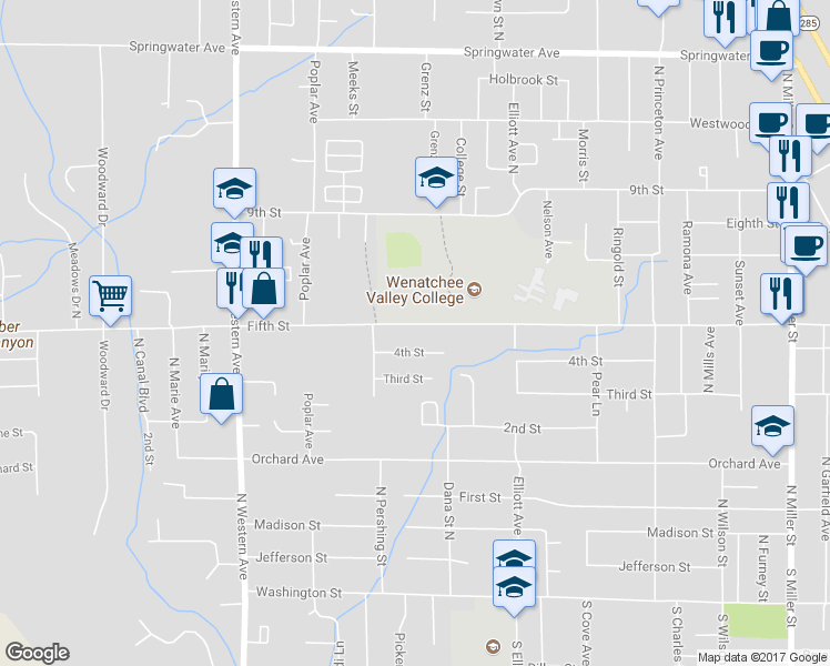 map of restaurants, bars, coffee shops, grocery stores, and more near 1507 Fifth Street in Wenatchee