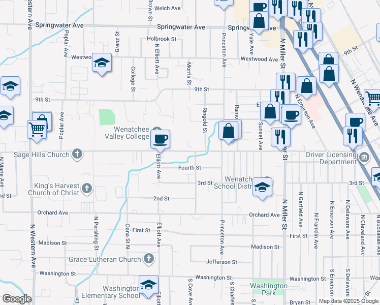 map of restaurants, bars, coffee shops, grocery stores, and more near 414 Pear Lane in Wenatchee