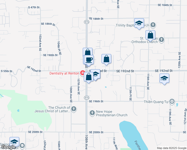 map of restaurants, bars, coffee shops, grocery stores, and more near 10819 Southeast 192nd Street in Kent