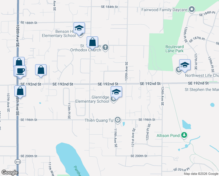 map of restaurants, bars, coffee shops, grocery stores, and more near 11807 Southeast 192nd Street in Renton