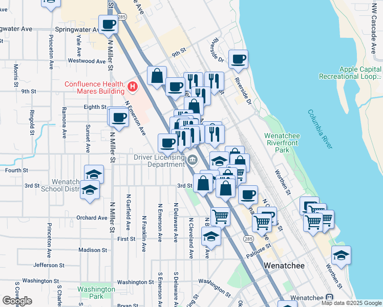 map of restaurants, bars, coffee shops, grocery stores, and more near 245 Fifth Street in Wenatchee