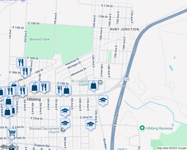 map of restaurants, bars, coffee shops, grocery stores, and more near 1810 12th Avenue East in Hibbing