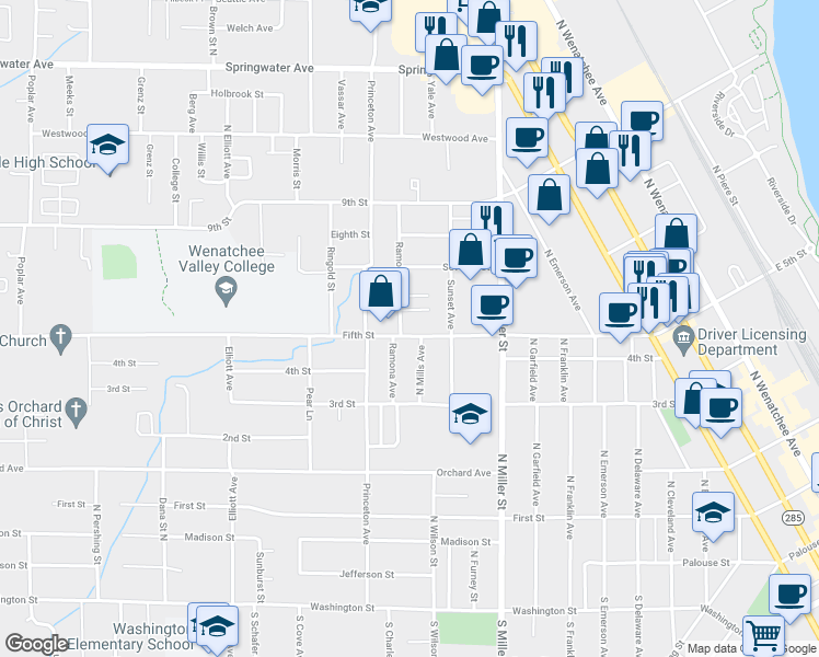 map of restaurants, bars, coffee shops, grocery stores, and more near 1122 Fifth Street in Wenatchee