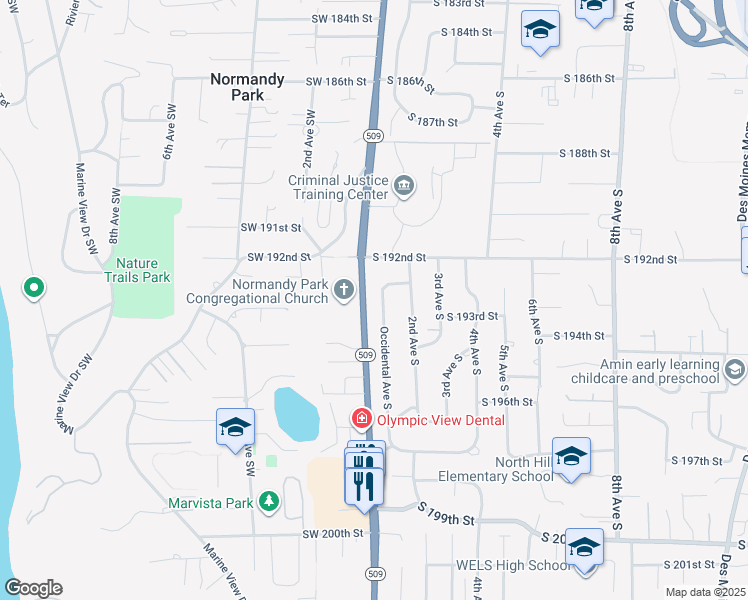 map of restaurants, bars, coffee shops, grocery stores, and more near 19265 Occidental Avenue South in Des Moines