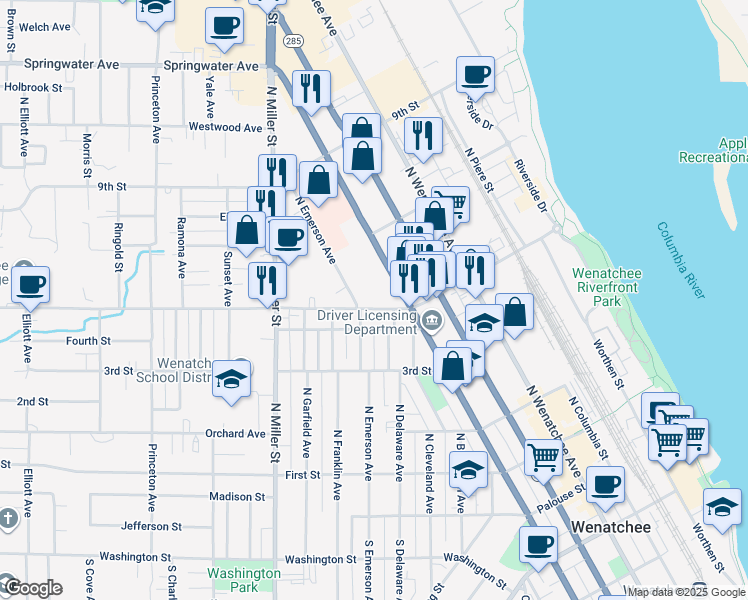 map of restaurants, bars, coffee shops, grocery stores, and more near 408 5th Street in Wenatchee
