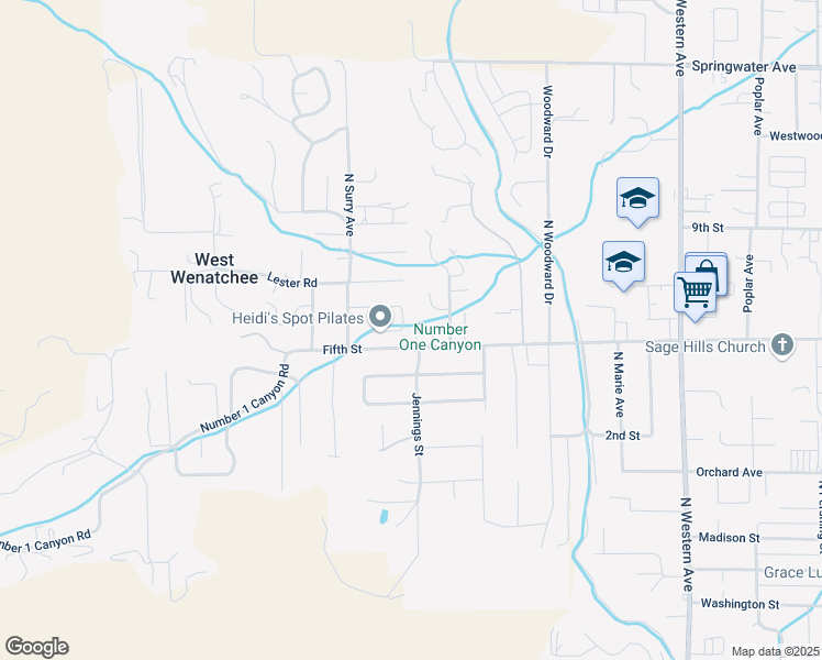 map of restaurants, bars, coffee shops, grocery stores, and more near 2228 Ashley Brooke in Wenatchee
