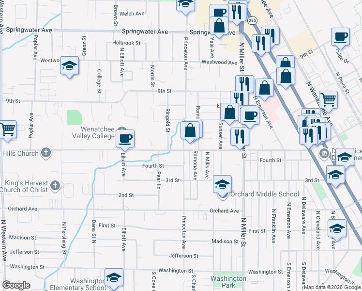 map of restaurants, bars, coffee shops, grocery stores, and more near 509 Princeton Avenue in Wenatchee